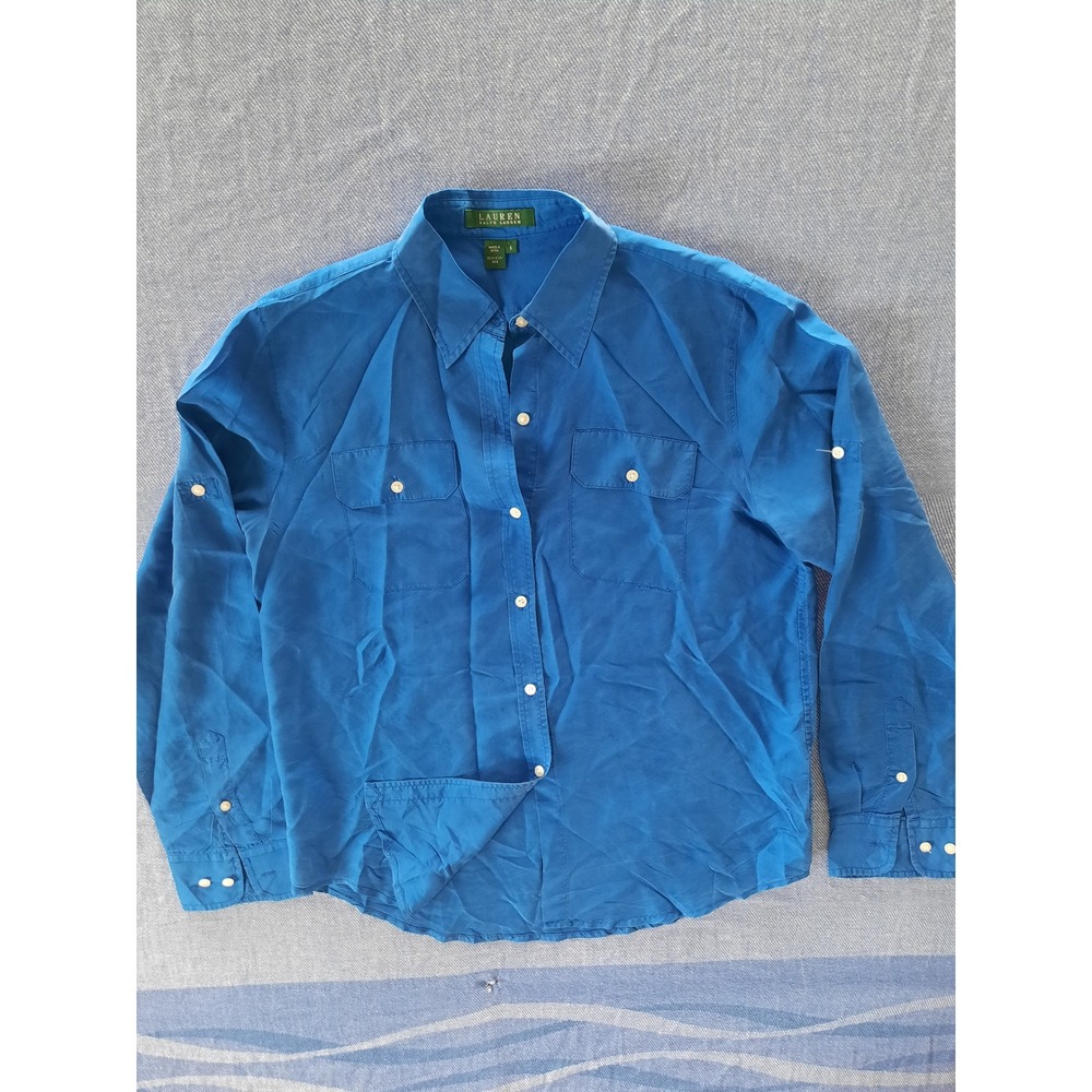 Lauren Ralph Lauren Womens 6 Royal Blue Pure Silk Roll Tab Button Down Shirt SEE